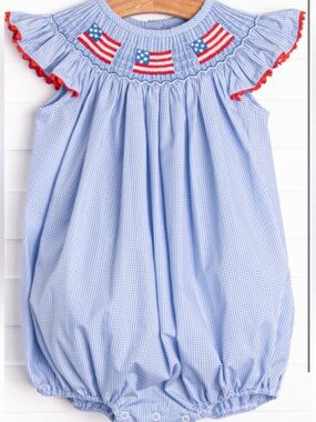 Stitchy Fish American Flag Smocked Baby Bubble